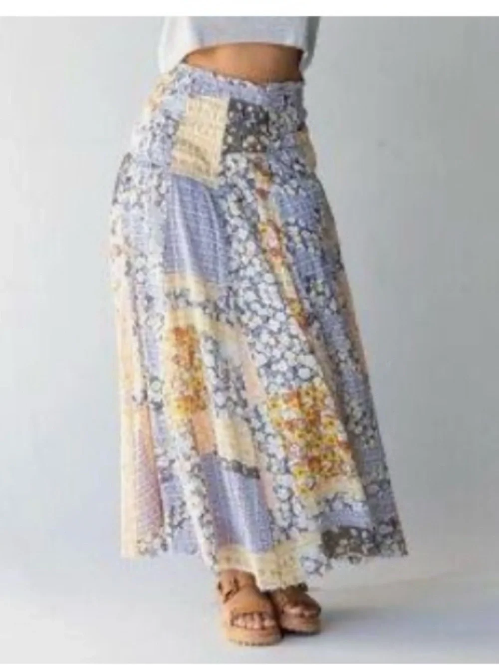 Natural Life Mix It Up Patchwork Floral Maxi Skirt in Blue, White & yellow. L/XL - Picture 8 of 9